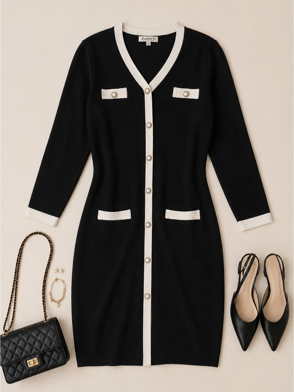 EUC Nanette Lepore Black With White Trim Sweater Knit Dress, Size Small